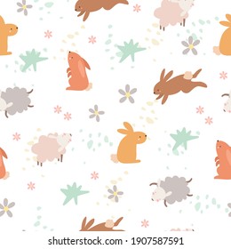 Pattern cute doodle hares. Minimalistic animal pattern. Scandinavian style