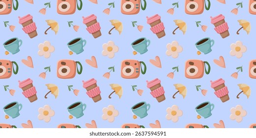Pattern with cute elements for travel camera tea, cup of coffee, flowers. Vector design elements, suitable for textiles, backgrounds, cards, banners, web design.