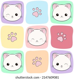 Pattern cute face cat and paw in square. Cartoon character design. Kawaii kitty doodle style. Can be use for card, poster, wallpaper, t-shirt. Vector illustration.