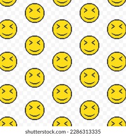 Pattern of cute face emoticons in transparent background. 8-bit pixel art backdrop. Vector illustration. Vector Illustration