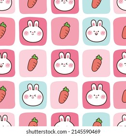 Pattern cute face rabbit and carrot in frame hand drawn background. Cartoon character design. Kawaii bunny doodle style. Can be use for card, poster, wallpaper, T-shirt. Vector. Illustration.