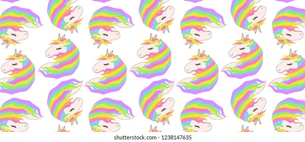 Pattern with cute faces of unicorns. Dreaming unicorns in bright colors