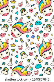Pattern with cute faces of unicorns, ice cream, stars, hearts, donut, rainbow, crowns, cupcake. Dreaming unicorns in bright colors