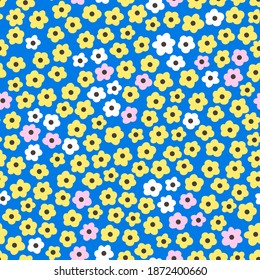 Pattern with cute flowers. Can be used for printing on fabric and paper and other surfaces. Seamless background pattern. Cartoon illustration.