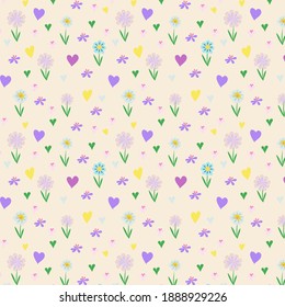 A pattern of cute flowers and colorful hearts