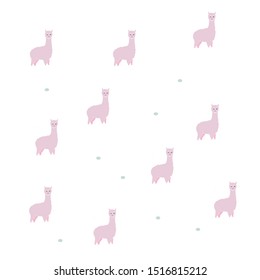 Pattern Cute Fluffy llama Alpaca On A White Background. For textiles, fabrics, packaging, boxes, cardboard, wrapping paper.
Hand drawn cartoon style. Vector
