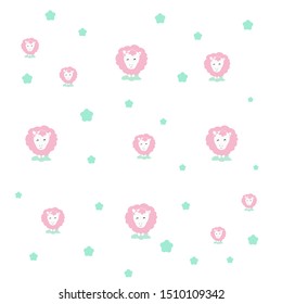 pattern of a cute fluffy pink sheep on a white background. For textiles, fabrics, packaging, boxes, cardboard, wrapping paper.
Hand drawn cartoon style. Vector