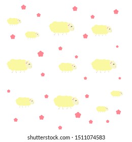 pattern of a cute fluffy yellow sheep on a white background. For textiles, fabrics, packaging, boxes, cardboard, wrapping paper.
Hand drawn cartoon style. Vector