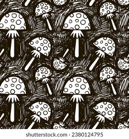 Pattern cute fly agaric for Halloween. Black and white ornament with ink-like strokes. Vector illustration, sketch. Seamless texture, mushrooms, black handle. Black pen on white background