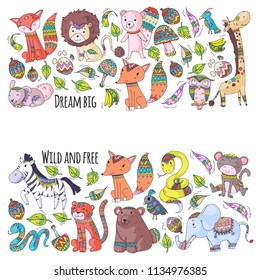 Pattern with cute forest and jungle animals. Fox, tiger, lion, zebra, bear, bird, parrot, snake, squirrel, elephant, monkey, owl Tribal boho wild and free icons for little kindergarten kids