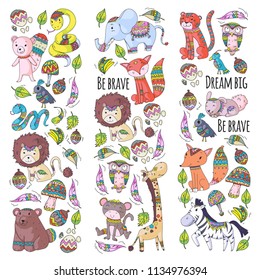 Pattern with cute forest and jungle animals. Fox, tiger, lion, zebra, bear, bird, parrot, snake, squirrel, elephant, monkey, owl Tribal boho wild and free icons for little kindergarten kids