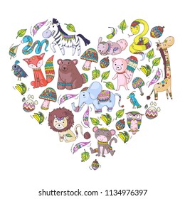 Pattern with cute forest and jungle animals. Fox, tiger, lion, zebra, bear, bird, parrot, snake, squirrel, elephant, monkey, owl Tribal boho wild and free icons for little kindergarten kids