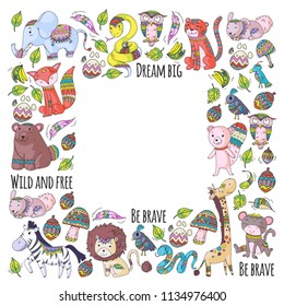 Pattern with cute forest and jungle animals. Fox, tiger, lion, zebra, bear, bird, parrot, snake, squirrel, elephant, monkey, owl Tribal boho wild and free icons for little kindergarten kids