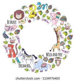 Pattern with cute forest and jungle animals. Fox, tiger, lion, zebra, bear, bird, parrot, snake, squirrel, elephant, monkey, owl Tribal boho wild and free icons for little kindergarten kids