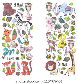 Pattern with cute forest and jungle animals. Fox, tiger, lion, zebra, bear, bird, parrot, snake, squirrel, elephant, monkey, owl Tribal boho wild and free icons for little kindergarten kids