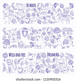 Pattern with cute forest and jungle animals. Fox, tiger, lion, zebra, bear, bird, parrot, snake, squirrel, elephant, monkey, owl. Tribal boho wild and free icons for little kindergarten children
