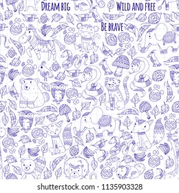 Pattern with cute forest and jungle animals. Fox, tiger, lion, zebra, bear, bird, parrot, snake, squirrel, elephant, monkey, owl. Tribal boho wild and free icons for little kindergarten children