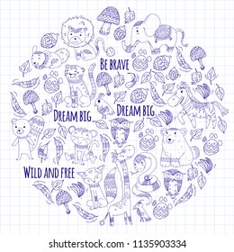 Pattern with cute forest and jungle animals. Fox, tiger, lion, zebra, bear, bird, parrot, snake, squirrel, elephant, monkey, owl. Tribal boho wild and free icons for little kindergarten children