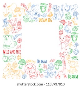 Pattern with cute forest and jungle animals. Fox, tiger, lion, zebra, bear, bird, parrot, snake, squirrel, elephant, monkey, owl. Tribal boho wild and free icons for little kindergarten children