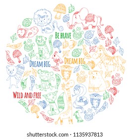 Pattern with cute forest and jungle animals. Fox, tiger, lion, zebra, bear, bird, parrot, snake, squirrel, elephant, monkey, owl. Tribal boho wild and free icons for little kindergarten children