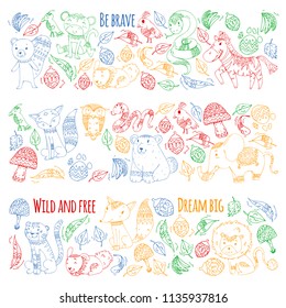 Pattern with cute forest and jungle animals. Fox, tiger, lion, zebra, bear, bird, parrot, snake, squirrel, elephant, monkey, owl. Tribal boho wild and free icons for little kindergarten children