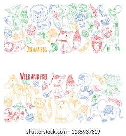 Pattern with cute forest and jungle animals. Fox, tiger, lion, zebra, bear, bird, parrot, snake, squirrel, elephant, monkey, owl. Tribal boho wild and free icons for little kindergarten children