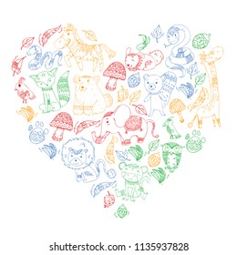 Pattern with cute forest and jungle animals. Fox, tiger, lion, zebra, bear, bird, parrot, snake, squirrel, elephant, monkey, owl. Tribal boho wild and free icons for little kindergarten children