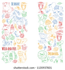 Pattern with cute forest and jungle animals. Fox, tiger, lion, zebra, bear, bird, parrot, snake, squirrel, elephant, monkey, owl. Tribal boho wild and free icons for little kindergarten children