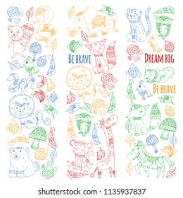 Pattern with cute forest and jungle animals. Fox, tiger, lion, zebra, bear, bird, parrot, snake, squirrel, elephant, monkey, owl. Tribal boho wild and free icons for little kindergarten children