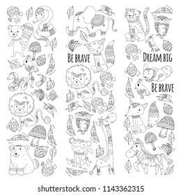 Pattern with cute forest and jungle animals. Fox, tiger, lion, zebra, bear, bird, parrot, snake, squirrel, elephant, monkey, owl. Tribal boho wild and free icons for little kindergarten children