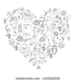 Pattern with cute forest and jungle animals. Fox, tiger, lion, zebra, bear, bird, parrot, snake, squirrel, elephant, monkey, owl. Tribal boho wild and free icons for little kindergarten children