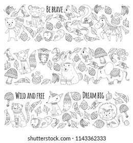 Pattern with cute forest and jungle animals. Fox, tiger, lion, zebra, bear, bird, parrot, snake, squirrel, elephant, monkey, owl. Tribal boho wild and free icons for little kindergarten children