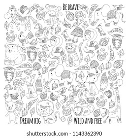 Pattern with cute forest and jungle animals. Fox, tiger, lion, zebra, bear, bird, parrot, snake, squirrel, elephant, monkey, owl. Tribal boho wild and free icons for little kindergarten children