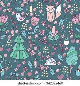 Pattern cute forest with trees, animals, mushrooms,flowers and leafs. Vector. Doodle.