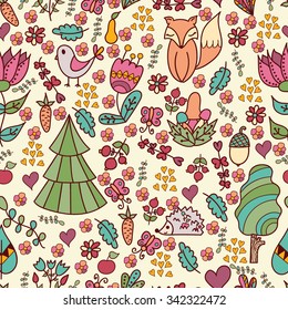 Pattern cute forest with trees, animals, mushrooms,flowers and leafs. Vector. Doodle.