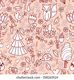Pattern cute forest with trees, animals, mushrooms,flowers and leafs. Vector. Doodle.