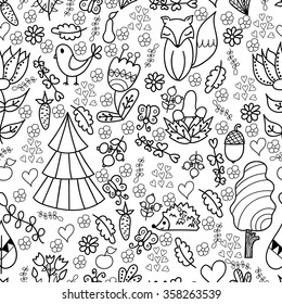 Pattern cute forest with trees, animals, mushrooms,flowers and leafs. Vector. Doodle.