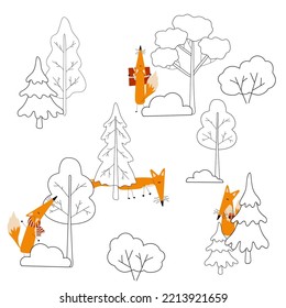 pattern with cute fox among trees in the forest. Children's coloring background with gifts.