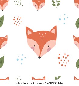 Pattern with cute fox and leaves and dots