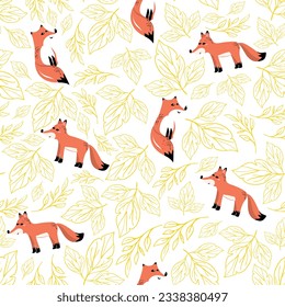 Pattern with cute foxes with autumn leaves. Perfect for printing, textiles, wrapping paper. Vector illustration