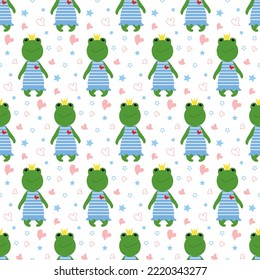 Pattern with a cute frog in a crown and stars and hearts. Cheerful vector illustration on a colored background. For holidays, gender parties, invitations, prints and cards, baby room wallpaper