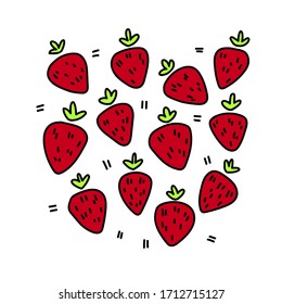 Pattern of cute fruits in cartoon style. Strawberry. Vector hand drawn textures. Hipster grunge drawings. Hand drawing isolated boho illustration. Vector image, clipart, editable details.