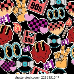 Patrón de adorables plantillas divertidas con parches y pegatinas al estilo de los años 90. Ilustración vectorial de y2k. Pegatinas de hipster con formas geométricas. Paquete de stickers del patrón de pop Art.