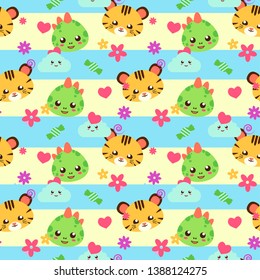 Pattern with cute funny animals in japanese style. Good for wrapper and textile, child goods. Vector seamless pattern.