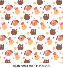 Pattern with cute funny cartoon cat, dog, chicken. Vector seamless texture for wallpapers, pattern fills, web page backgrounds