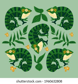 Pattern with cute, funny colored chameleons and tropical foliage. Peace sign, leaves and flowers cheerful vector illustration.