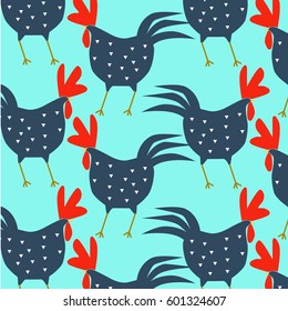pattern. Cute and funny colorful farm rooster, chicken, cock, cockerel, cartoon vector illustration isolated on white background. 