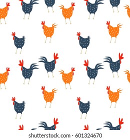 pattern. Cute and funny colorful farm rooster, chicken, cock, cockerel, cartoon vector illustration isolated on white background. 