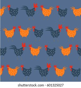 pattern. Cute and funny colorful farm rooster, chicken, cock, cockerel, cartoon vector illustration isolated on white background. 