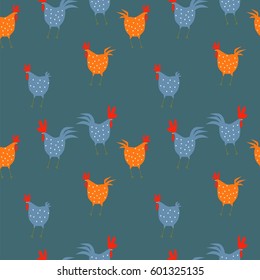 pattern. Cute and funny colorful farm rooster, chicken, cock, cockerel, cartoon vector illustration isolated on white background. 